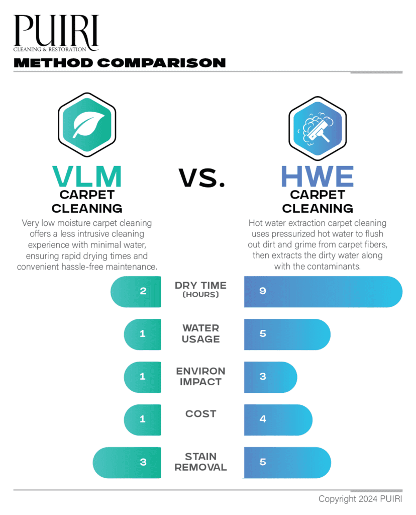 The visual comparison between VLM (Very Low Moisture) and Steam Carpet Cleaning across various factors like drying time, water usage, environmental impact, cost, and stain removal effectiveness.