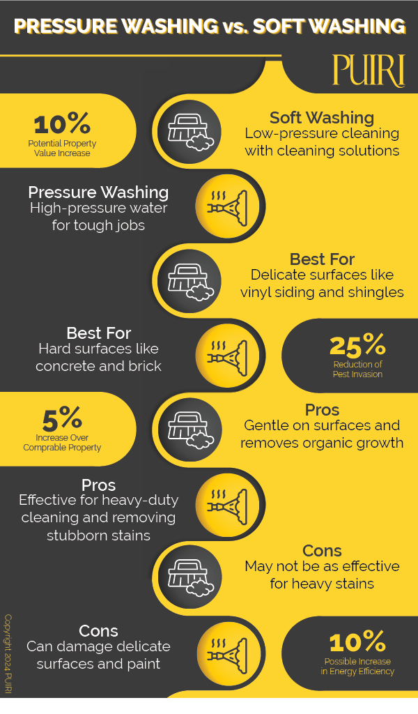 PUIRI Infographic comparing Pressure Washing and Soft Wash cleaning services, including what they are, how they are best used and the pros and cons of each service.