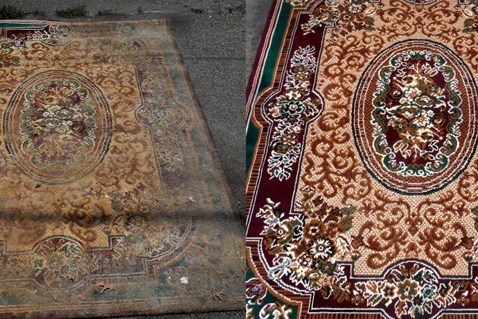 Side-by-side comparison of a dirty rug before cleaning and a bright, freshly cleaned rug after PUIRI's professional cleaning process.