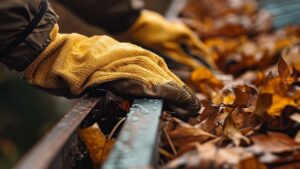 A person cleaning out a clogged gutter.